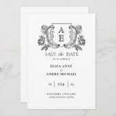 Elegantes Black & White Monogram Leaf Wappen Hochz Save The Date (Vorne/Hinten)
