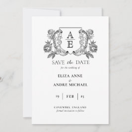 Elegantes Black & White Monogram Leaf Wappen Hochz Save The Date