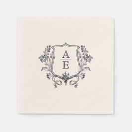 Elegantes Black & White Monogram Leaf Wappen Hochz Serviette