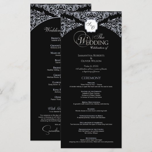 Elegantes Black & White Monogram Wedding Program Programm (Vorne/Hinten)