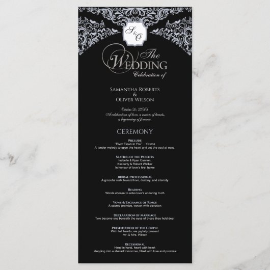 Elegantes Black & White Monogram Wedding Program Programm (Vorderseite)