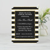 Elegantes Black+White Stripe & Gold Brautparty Einladung (Stehend Vorderseite)