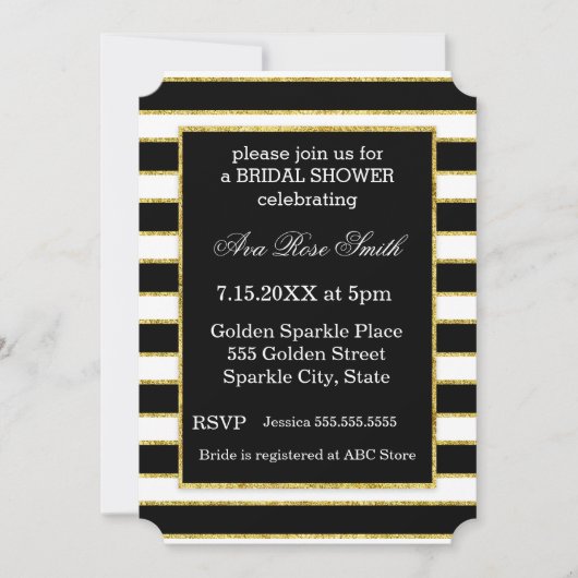 Elegantes Black+White Stripe & Gold Brautparty Einladung (Vorderseite)