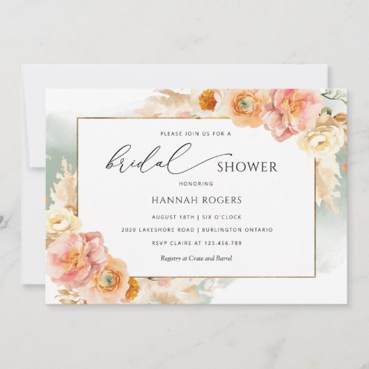 Elegantes Blatt, Pfirsich und Blush Brautparty Inv Einladung (Vorderseite)