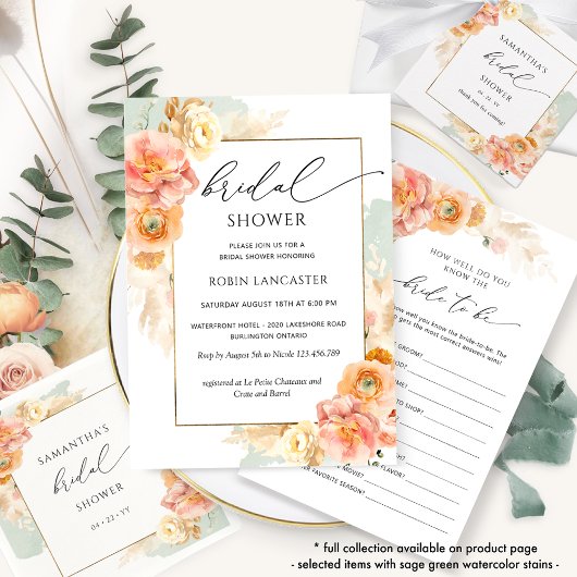 Elegantes Blatt, Pfirsich und Blush Brautparty Inv Einladung