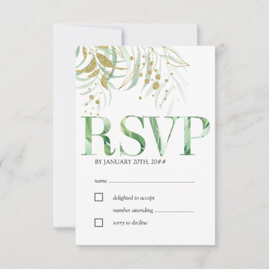 Elegantes Blätter in Aquarellblättern und Gold RSVP Karte (Vorderseite)