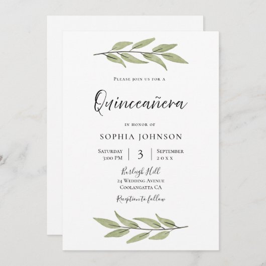 Elegantes Blätter Wasserfarbe Quinceanera Party Einladung (Vorne/Hinten)