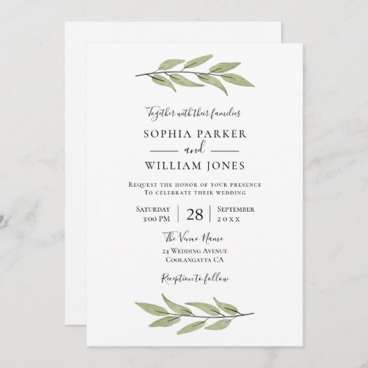 Elegantes Blätter Wasserfarbe Schöne Hochzeit Einladung (Vorne/Hinten)