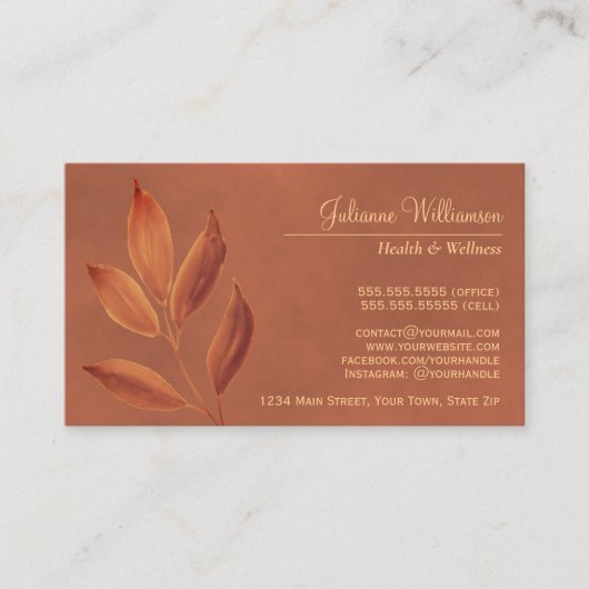 Elegantes Blätter Wasserfarben Terracotta auf dem Visitenkarte (Vorderseite)