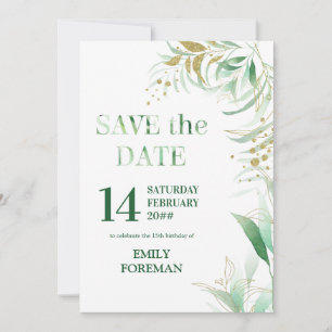 Elegantes Blattgrün Gold Wasserfarbe und Glitter Save The Date