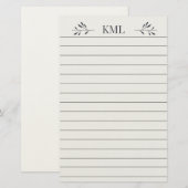 Elegantes Blattmonogramm personalisiert liniert Briefpapier (Vorne/Hinten)