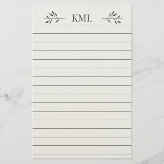 Elegantes Blattmonogramm personalisiert liniert Briefpapier (Vorderseite)