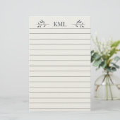 Elegantes Blattmonogramm personalisiert liniert Briefpapier (Stehend Vorderseite)