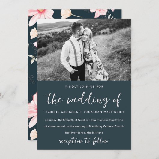 Elegantes Blau Blush Blumenmuster Foto Hochzeit Einladung (Vorne/Hinten)