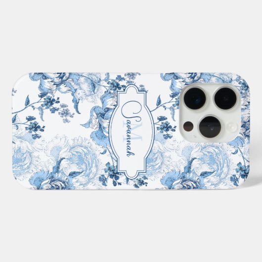 Elegantes blau eingeprägtes Blumenzeichen/Monogram Case-Mate iPhone Hülle (Rückseite (Horizontal))