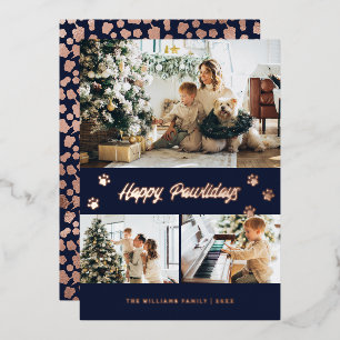 Elegantes Blau Foto Frohe Pawlidays Roségold Folien Feiertagskarte