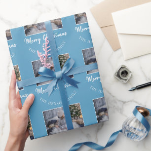 Elegantes Blau Frohe Weihnachten Skript Familienfo Geschenkpapier