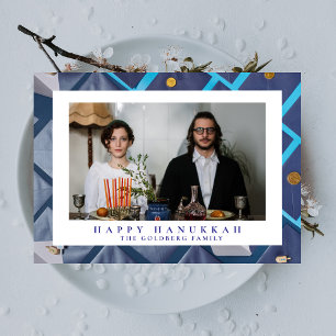 Elegantes Blau Frohes Chanukka Familie 1 Foto Feiertagskarte