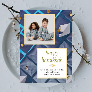 Elegantes Blau Frohes Chanukka Familie 1 Foto Feiertagskarte
