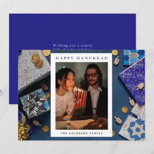 Elegantes Blau Frohes Chanukka Familie 1 Foto Feiertagskarte