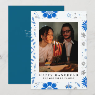 Elegantes Blau Frohes Chanukka Familien 1 Foto Feiertagskarte
