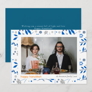Elegantes Blau Frohes Chanukka Familien 1 Foto Feiertagskarte