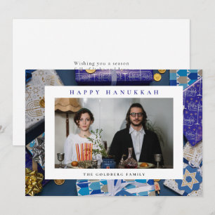 Elegantes Blau Frohes Chanukka-Familien-1-Foto Feiertagskarte