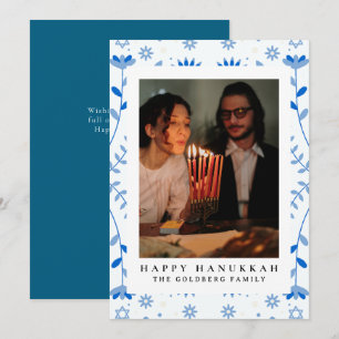 Elegantes Blau Frohes Chanukka Familien 1 Foto Feiertagskarte