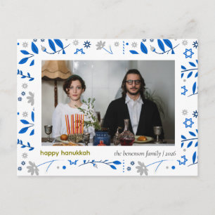 Elegantes Blau Frohes Chanukka-Familien-Foto 1 Feiertagspostkarte