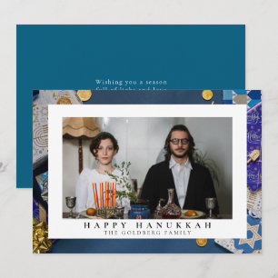 Elegantes Blau Frohes Chanukka-Familienfoto 1 Feiertagskarte