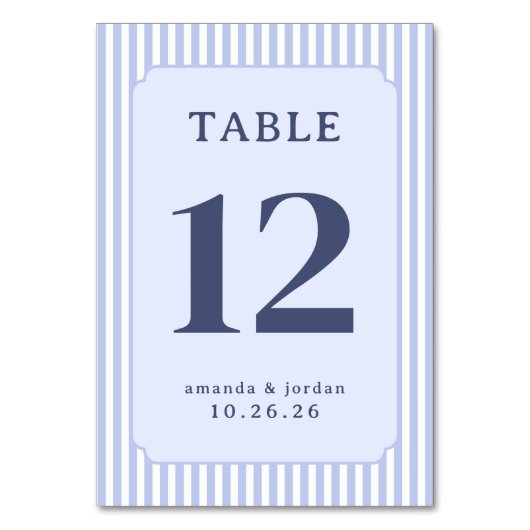 Elegantes blau gestreiftes Tischschild Tischnummer (Vorderseite)