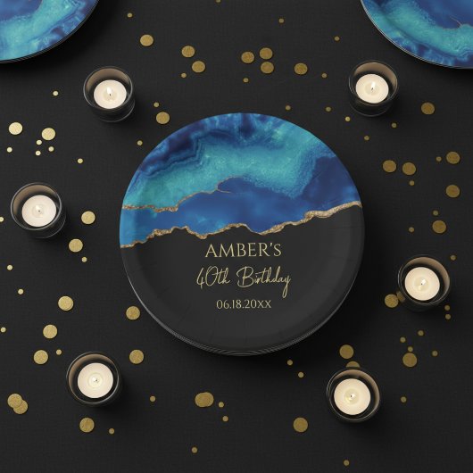 Elegantes Blau-Gold-Abstraktes Marmordesign Pappteller
