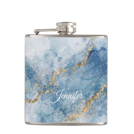 Elegantes Blau-Gold-Glitter-Abstrakt-Fluss Flachmann