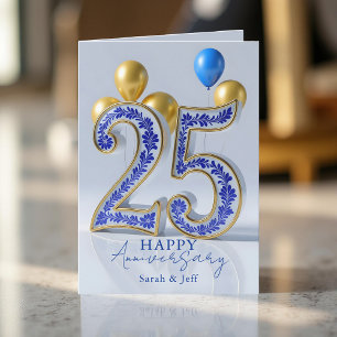 Elegantes Blau-Gold-Verziertes 25. Hochzeitsjubilä Karte