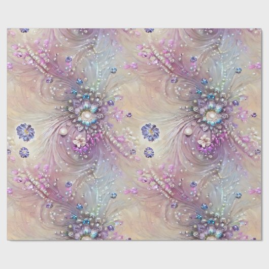 Elegantes Blau, Grau, Federn, Perlen, Perlen, Lich Geschenkpapier (Flach)