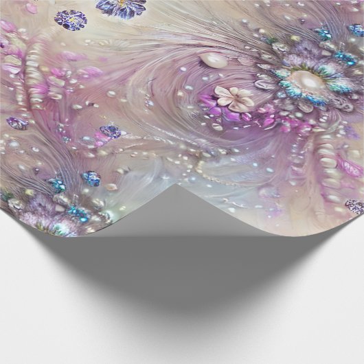 Elegantes Blau, Grau, Federn, Perlen, Perlen, Lich Geschenkpapier (Ecke)