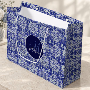 Elegantes Blau-Grau-Geometrisches Initial-Monogram Große Geschenktüte