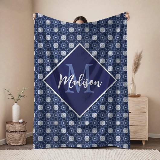 Elegantes blau-graues initiales Monogramm Fleecedecke