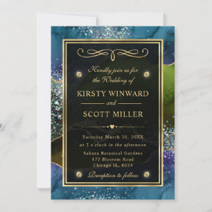 Elegantes Blau, Grün und Gold Glitter Achat Hochze Einladung