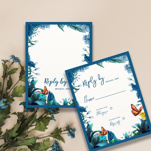 Elegantes Blau Grünes Blattwerk Schmetterling Hoch RSVP Karte