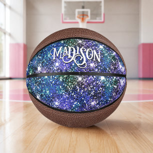 Elegantes blau-grünes falsches Glitter-Monogramm Mini Basketball