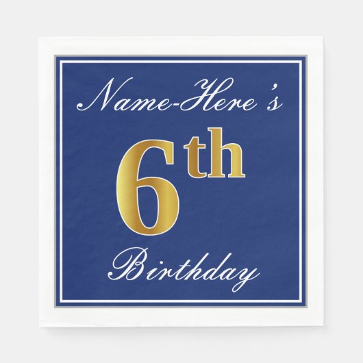 Elegantes Blau, Imitate Gold 6. Geburtstag + Indiv Serviette (Vorderseite)