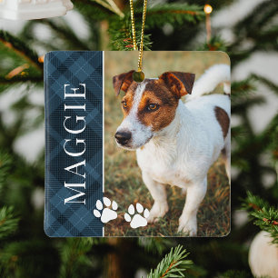 Elegantes blau kariertes Haustier Name und Foto Keramikornament