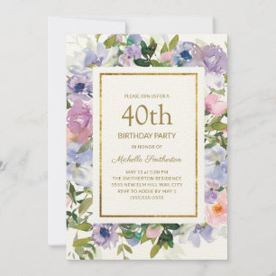 Elegantes Blau Lila Floral Gold 40. Geburtstag Einladung