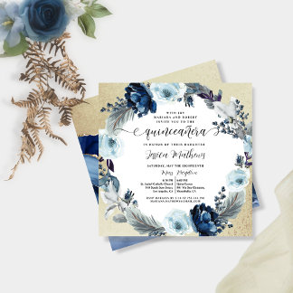 Elegantes Blau mit Gold Floral Quinceñera Einladung