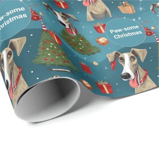 🎄 🎅 Elegantes Blau mit Whippets Geschenkpapier (Rolleneckpunkt)