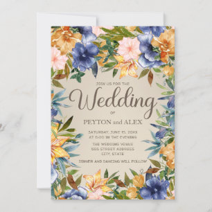 Elegantes Blau Orange Aquarell Floral. Hochzeit Einladung