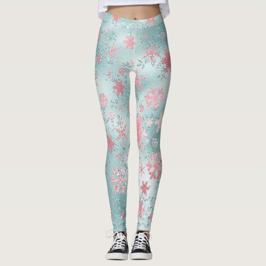 Elegantes Blau Pink Weihnachtsschneeflockenmuster Leggings (Vorderseite)