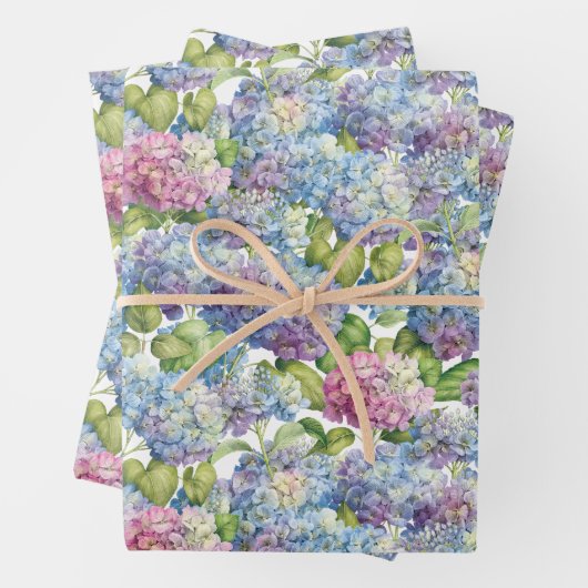 Elegantes Blau-Rosa Hydrangea Blumenmuster Geschenkpapier Set (Beispiel)
