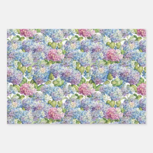 Elegantes Blau-Rosa Hydrangea Blumenmuster Geschenkpapier Set (Vorderseite)